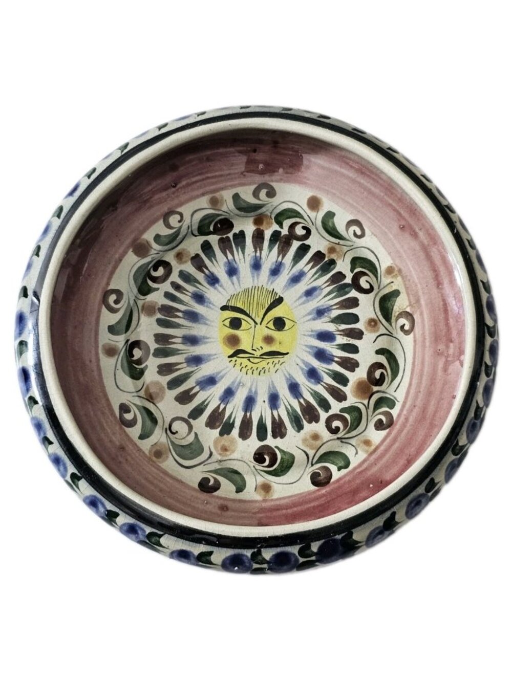 Vtg Tonala Mexico Folk Art Floral Pottery Signed Cat Bowl Trinket Dish Large.